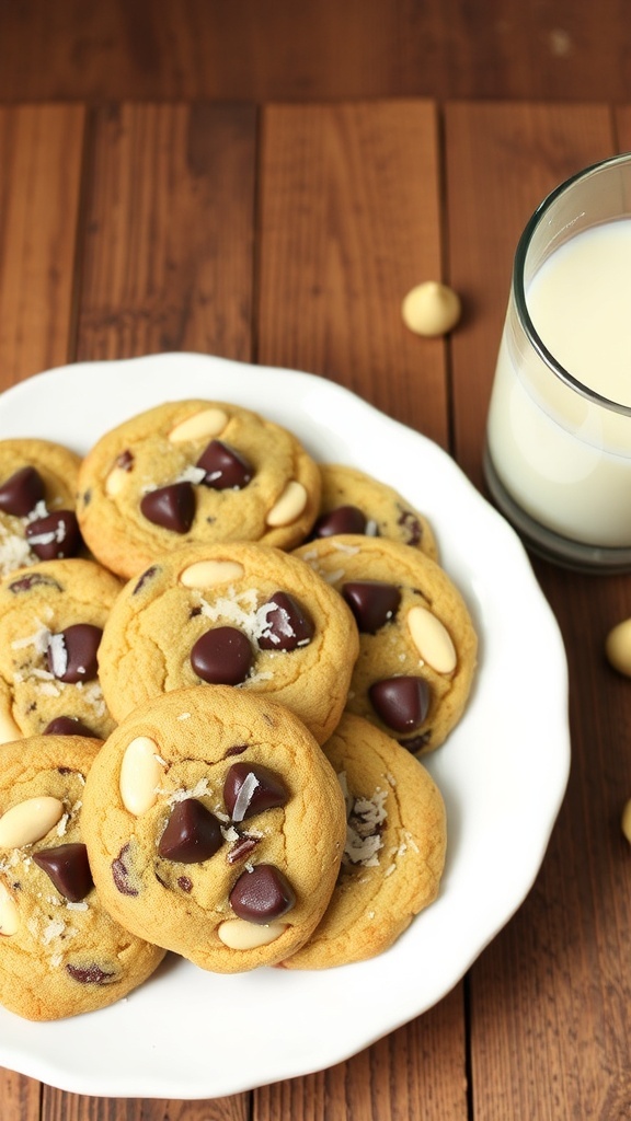 A plate of Choco-Coconut Macadamia Cookies with chocolate chips and coconut on a rustic table.